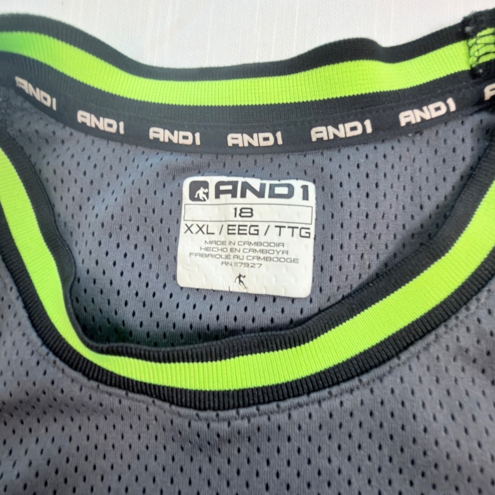 AND1 Basketball Jersey Boys XXL 18 Gray Black Neon Green Excellent Mesh Camo